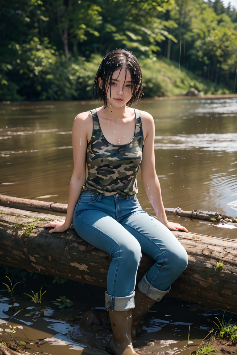 394188-4203674553-real human skin,RAW photo,young woman,sitting on a log,lake shore in the background,wet camouflage tank top,wet blue jeans,wet b.png